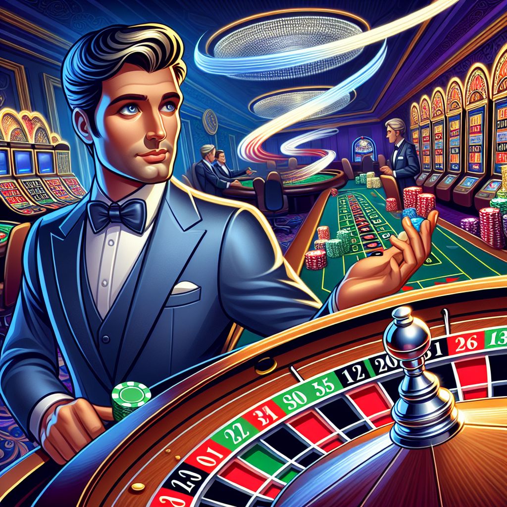 Bat555 Casino themed character playing roulette with chips and cards