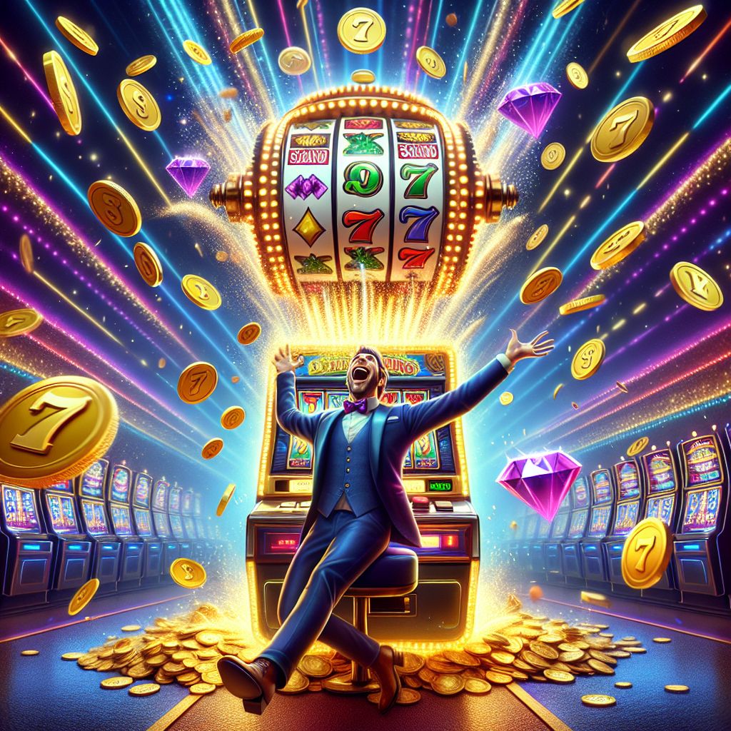 Bat555 Slots themed character celebrating with golden coins and slot machine symbols